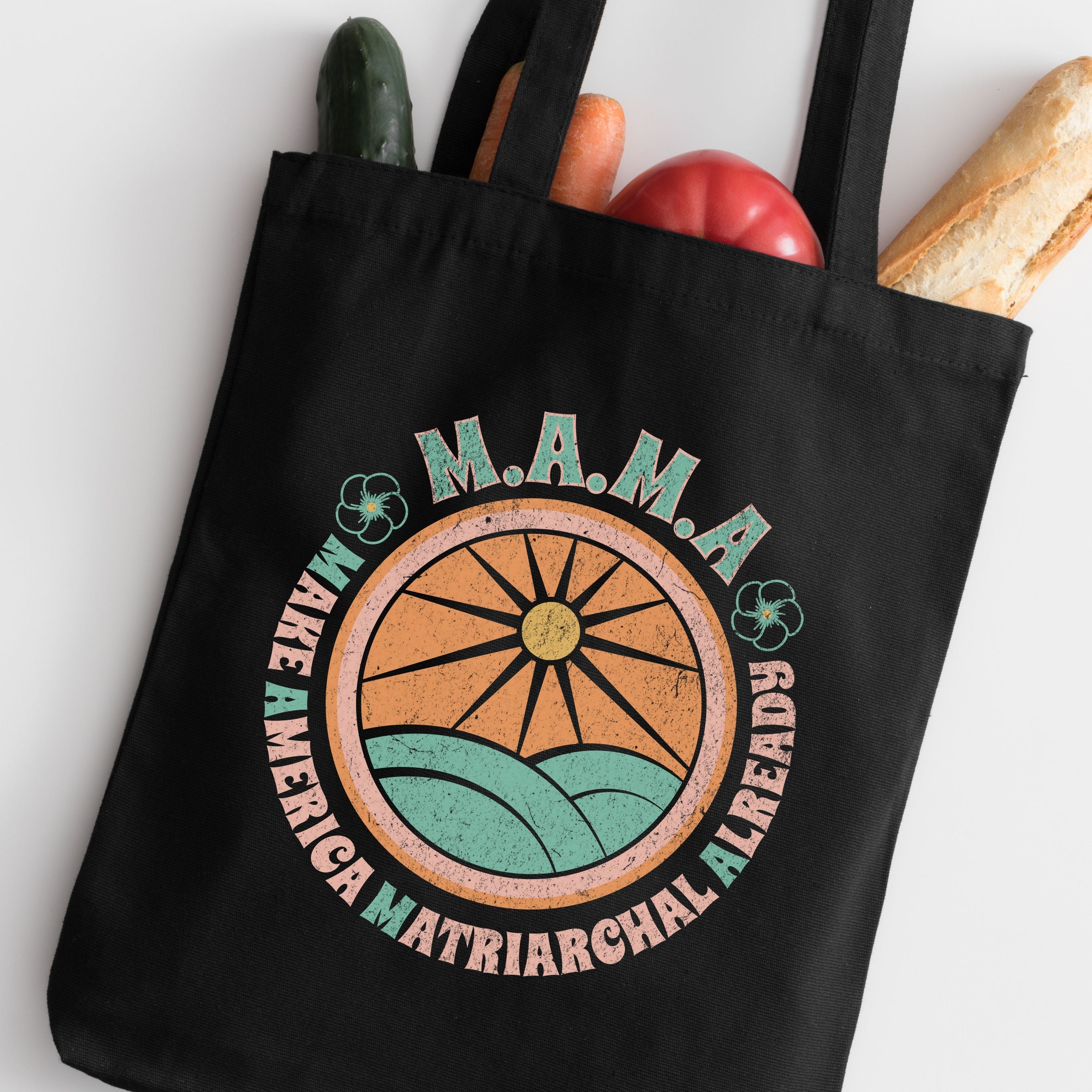 MAMA Retro Sun & Waves Canvas Tote — Vintage Hawaiian 'Make America Matriarchal Already' Beach Bag