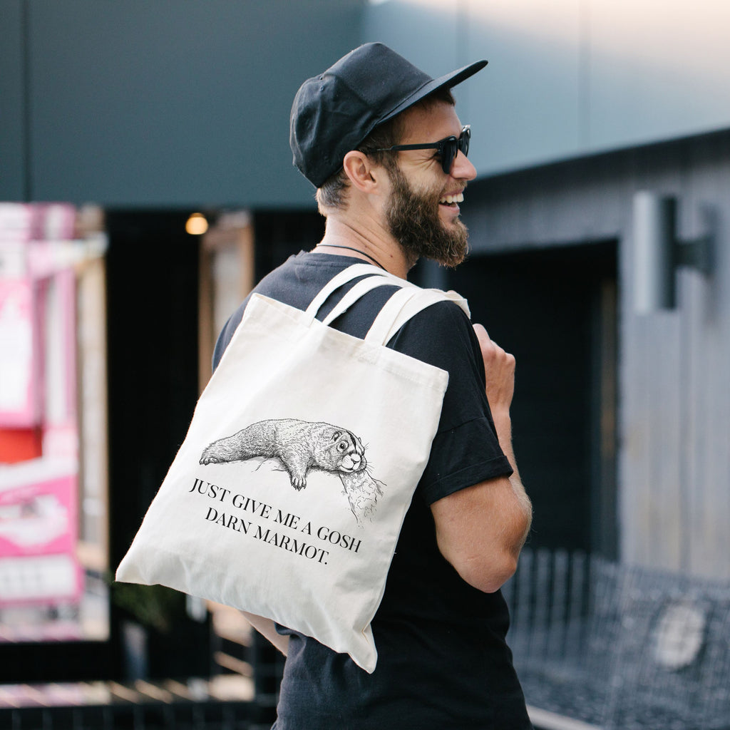 Exhausted Marmot Tote Bag | "Just Give Me A Gosh Darn Marmot," Animal Humor Tote