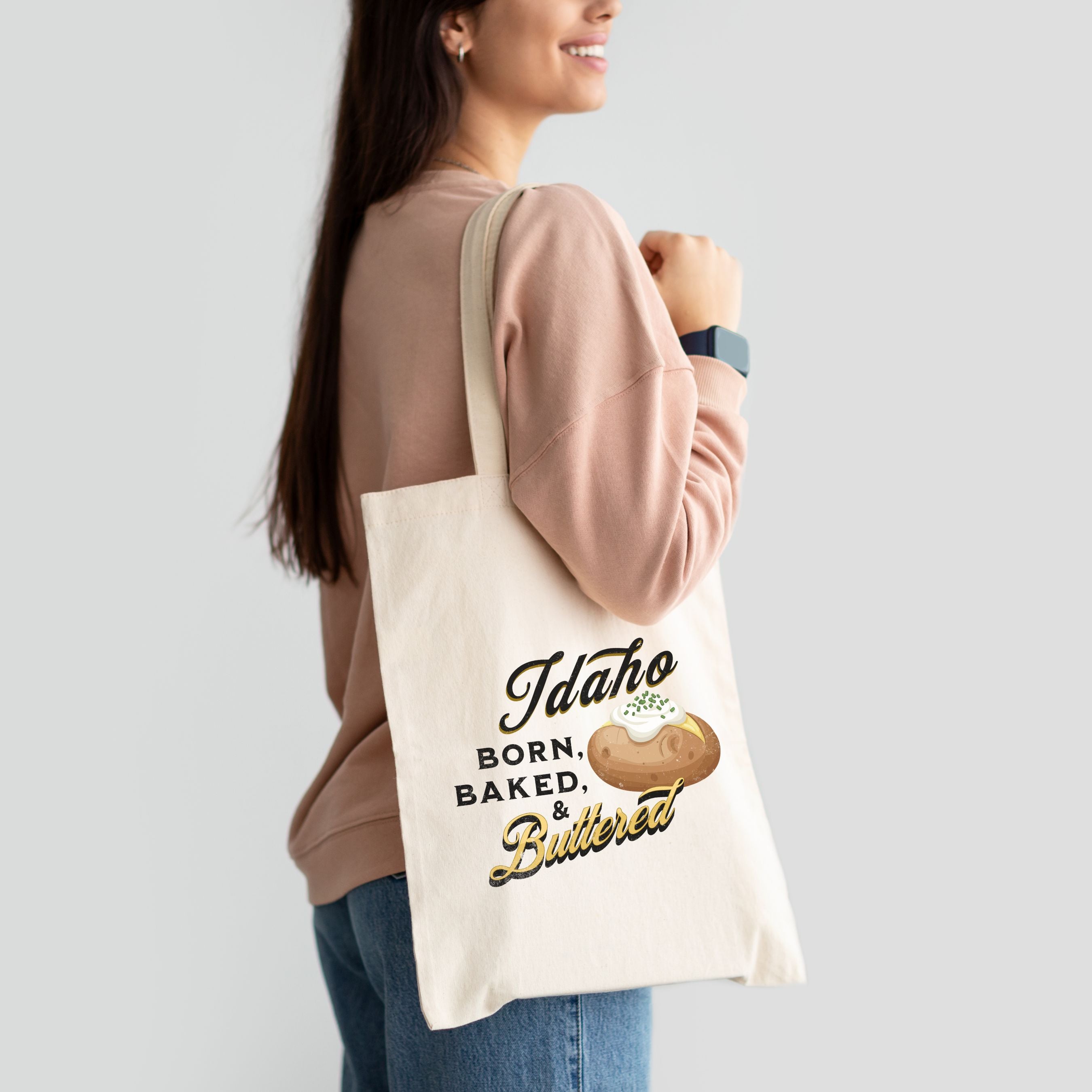 Vintage 'Idaho Born Baked and Buttered' Grocery Tote Bag