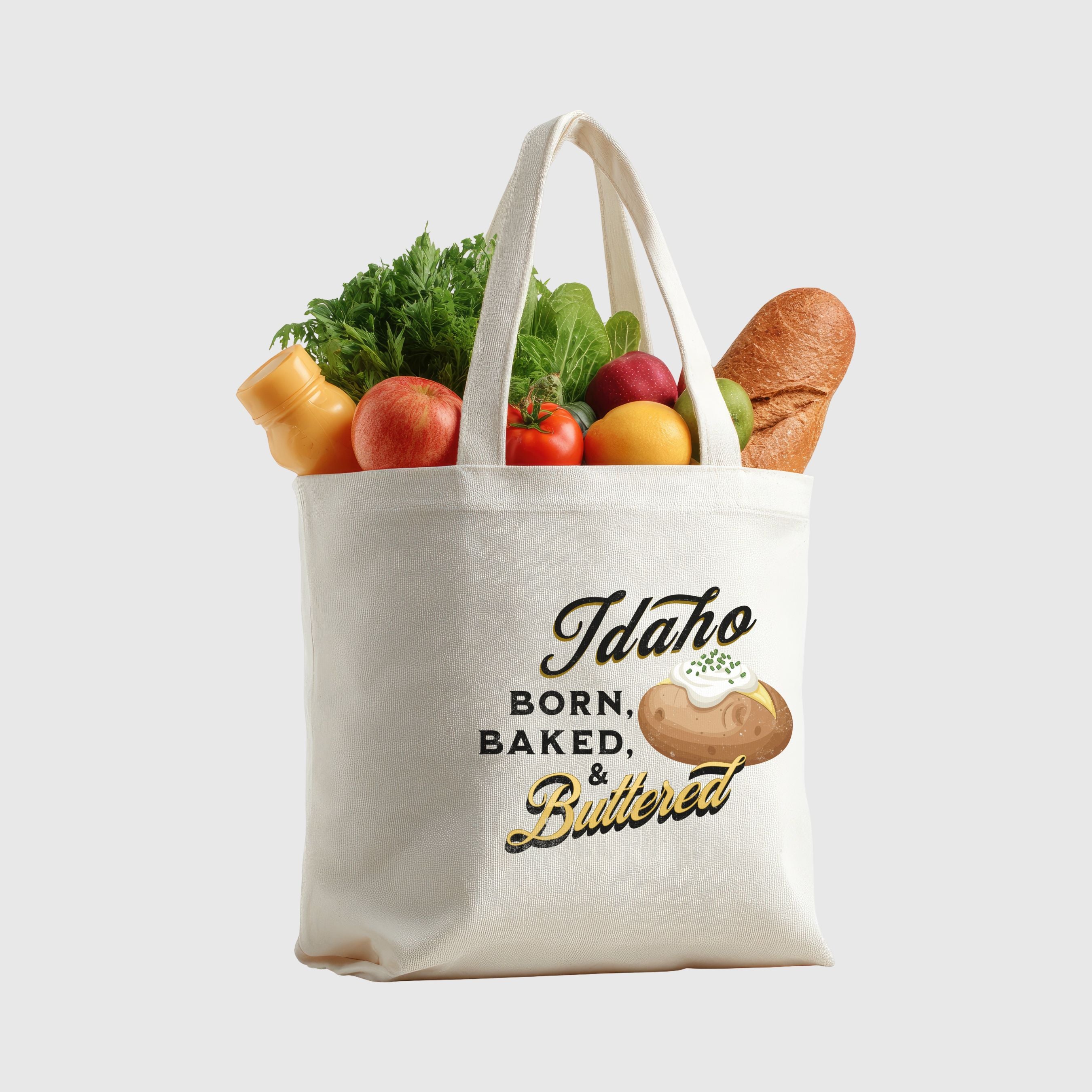 Vintage 'Idaho Born Baked and Buttered' Grocery Tote Bag