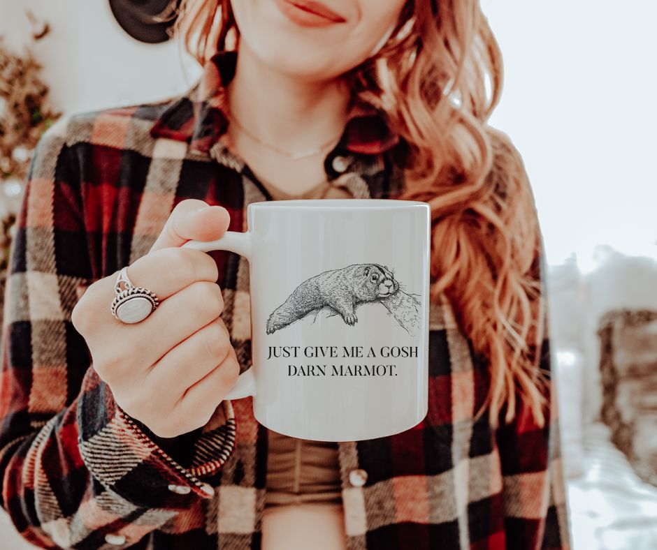 Marmot Pun Jumbo 20 oz mug | "Just Give Me a Gosh Darn Marmot."