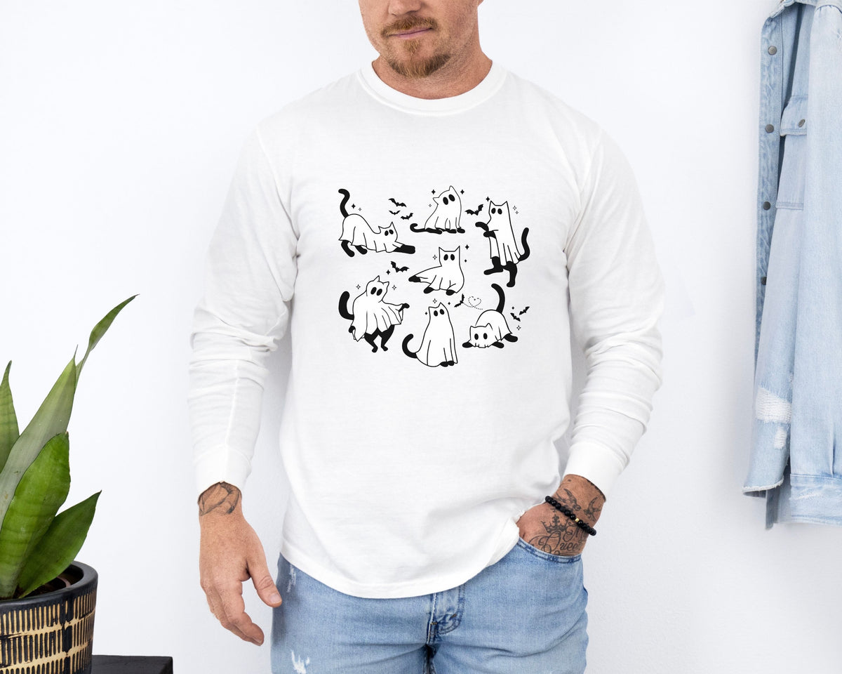 Halloween Ghost Cats Long Sleeve Tshirt | Fun Holiday original design Long Sleeve