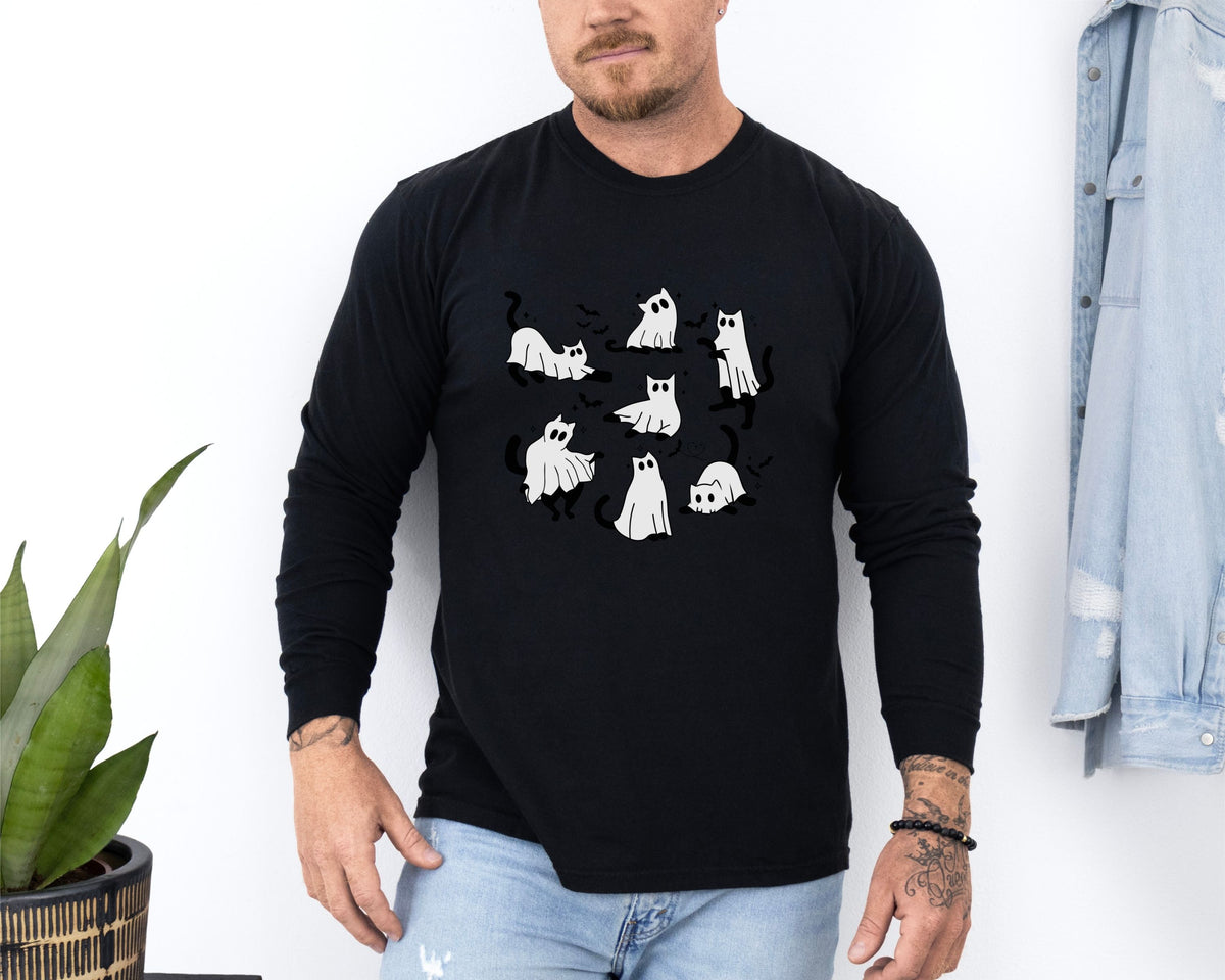 Halloween Ghost Cats Long Sleeve Tshirt | Fun Holiday original design Long Sleeve