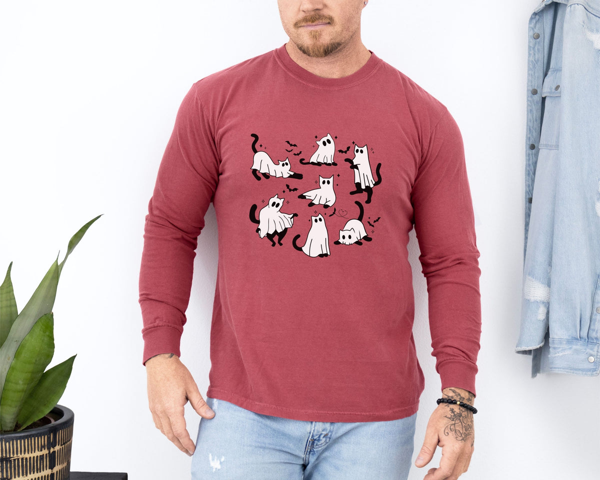 Halloween Ghost Cats Long Sleeve Tshirt | Fun Holiday original design Long Sleeve