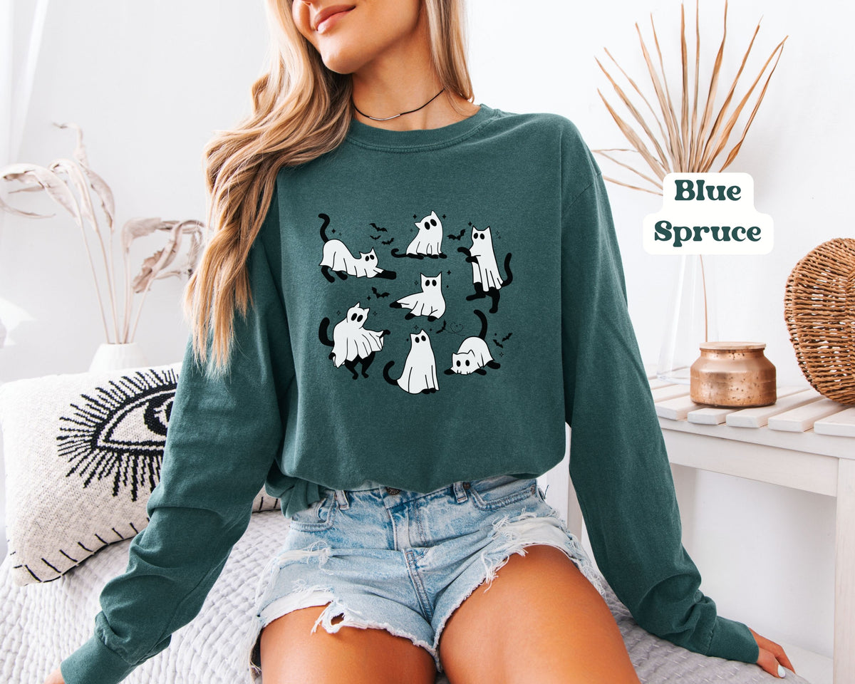 Halloween Ghost Cats Long Sleeve Tshirt | Fun Holiday original design Long Sleeve