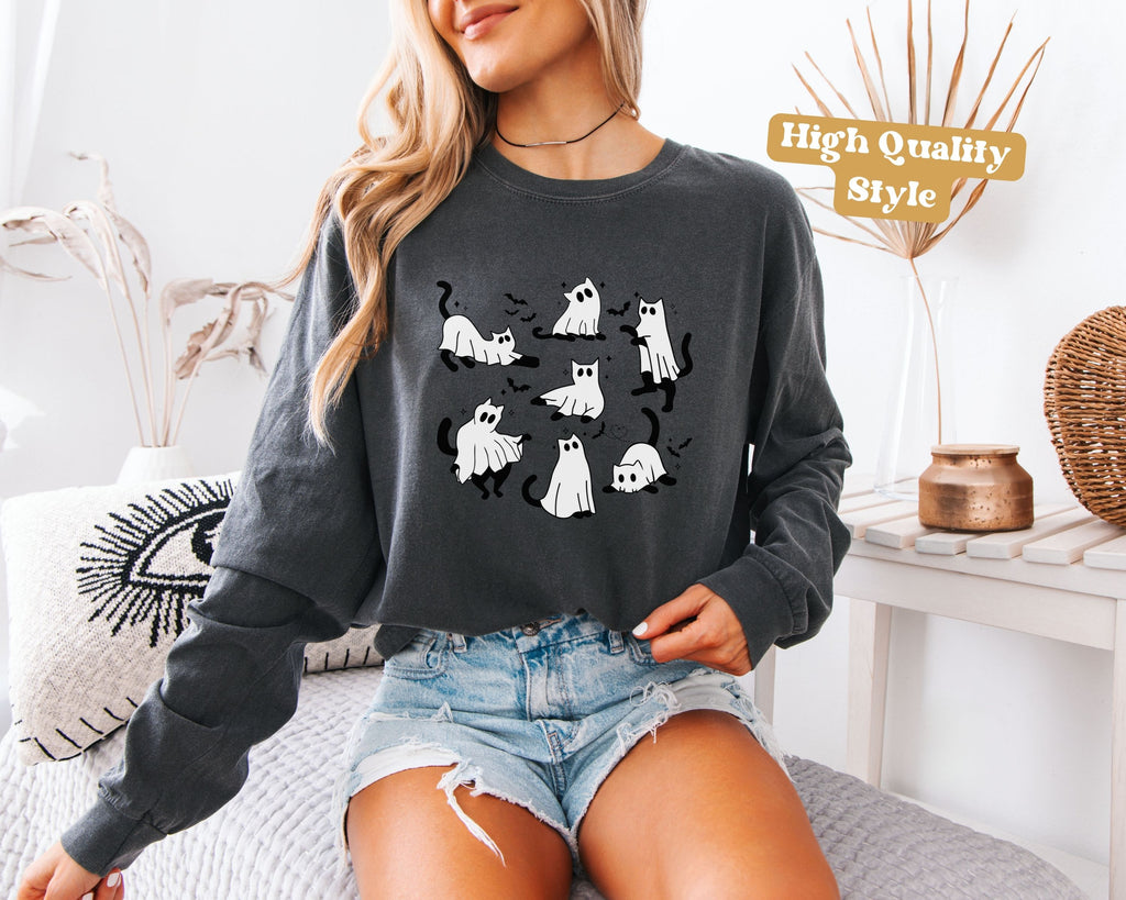 Halloween Ghost Cats Long Sleeve Tshirt | Fun Holiday original design Long Sleeve