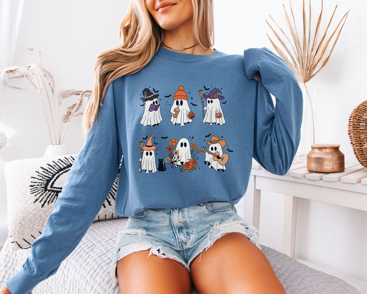 Halloween Ghost Cats Long Sleeve Tshirt | Fun Holiday original design Long Sleeve