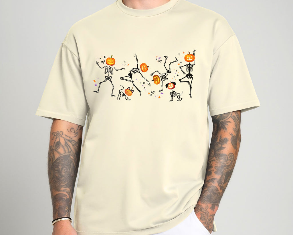 Dancing Skeletons with pumpkin heads Tshirt | Halloween Ultra Soft Bella Canva Tees