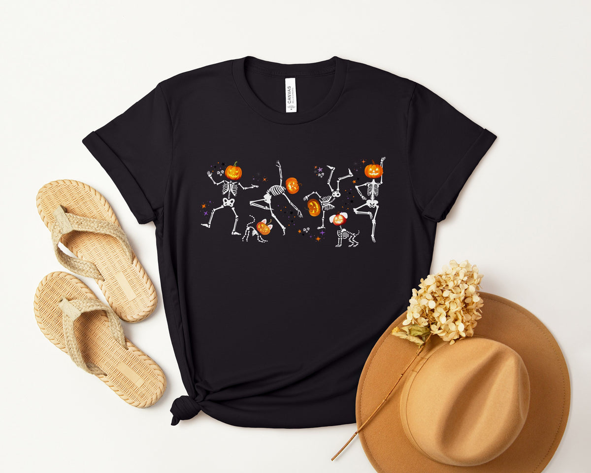 Dancing Skeletons with pumpkin heads Tshirt | Halloween Ultra Soft Bella Canva Tees