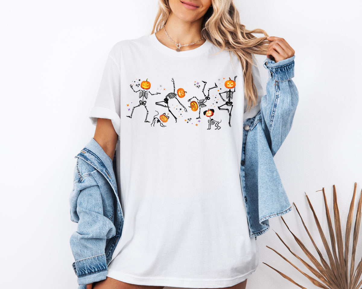 Dancing Skeletons with pumpkin heads Tshirt | Halloween Ultra Soft Bella Canva Tees