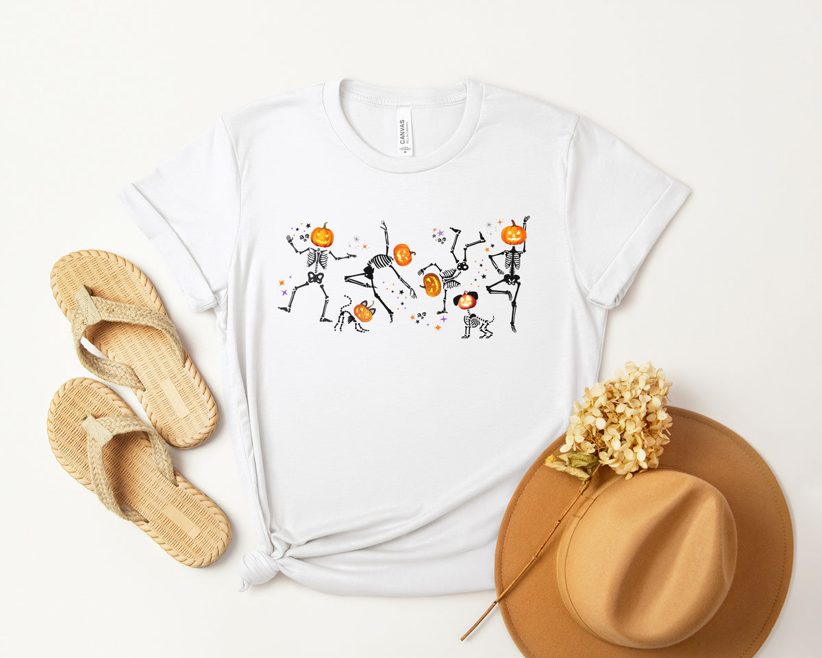 Dancing Skeletons with pumpkin heads Tshirt | Halloween Ultra Soft Bella Canva Tees