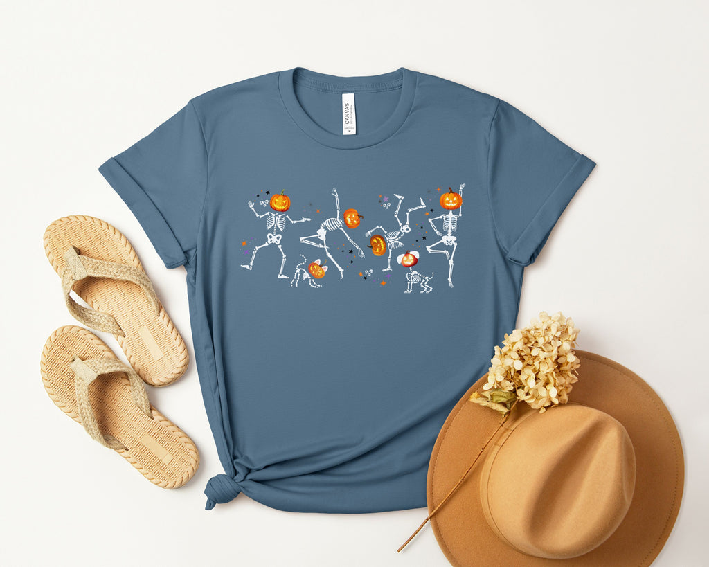 Dancing Skeletons with pumpkin heads Tshirt | Halloween Ultra Soft Bella Canva Tees