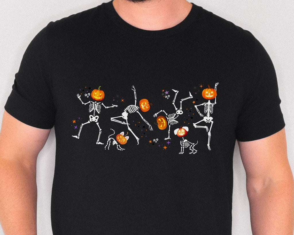 Dancing Skeletons with pumpkin heads Tshirt | Halloween Ultra Soft Bella Canva Tees