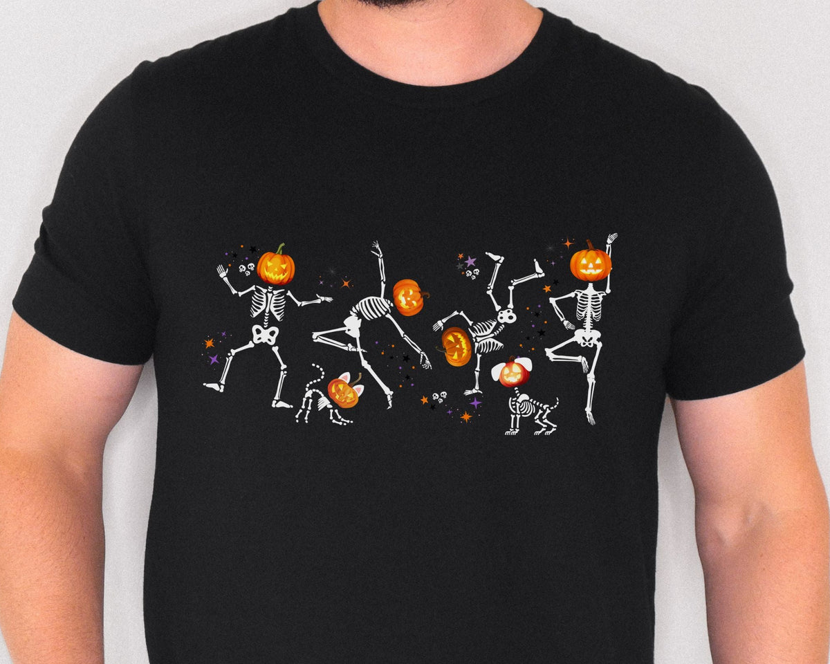 Dancing Skeletons with pumpkin heads Tshirt | Halloween Ultra Soft Bella Canva Tees