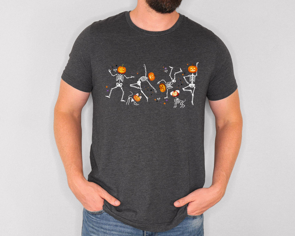 Dancing Skeletons with pumpkin heads Tshirt | Halloween Ultra Soft Bella Canva Tees