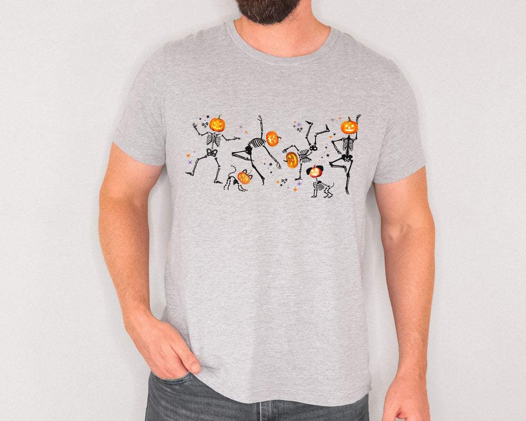 Dancing Skeletons with pumpkin heads Tshirt | Halloween Ultra Soft Bella Canva Tees