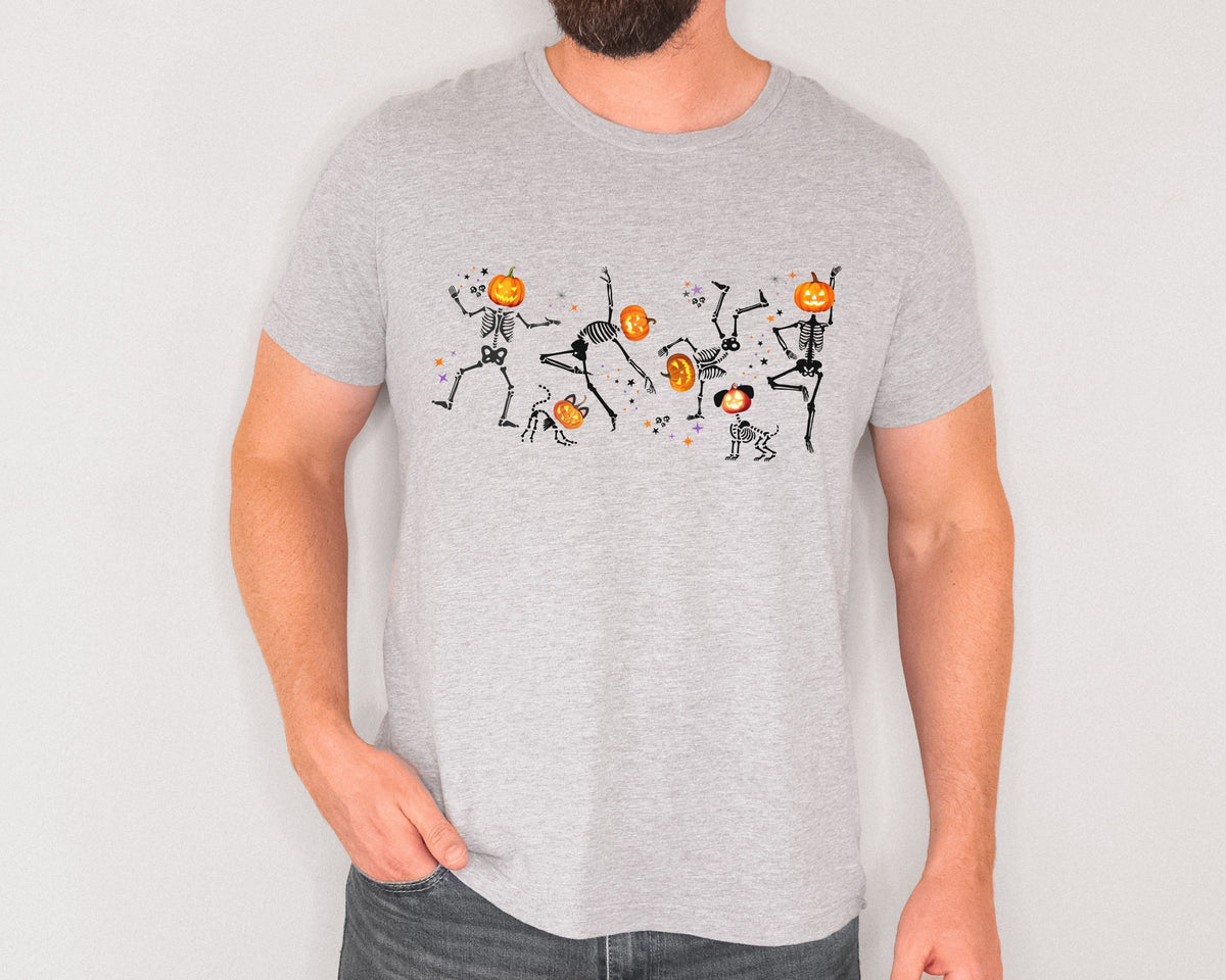 Dancing Skeletons with pumpkin heads Tshirt | Halloween Ultra Soft Bella Canva Tees
