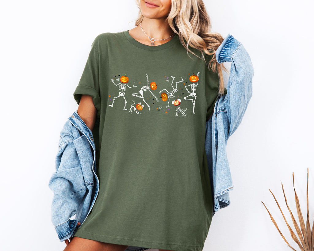 Dancing Skeletons with pumpkin heads Tshirt | Halloween Ultra Soft Bella Canva Tees