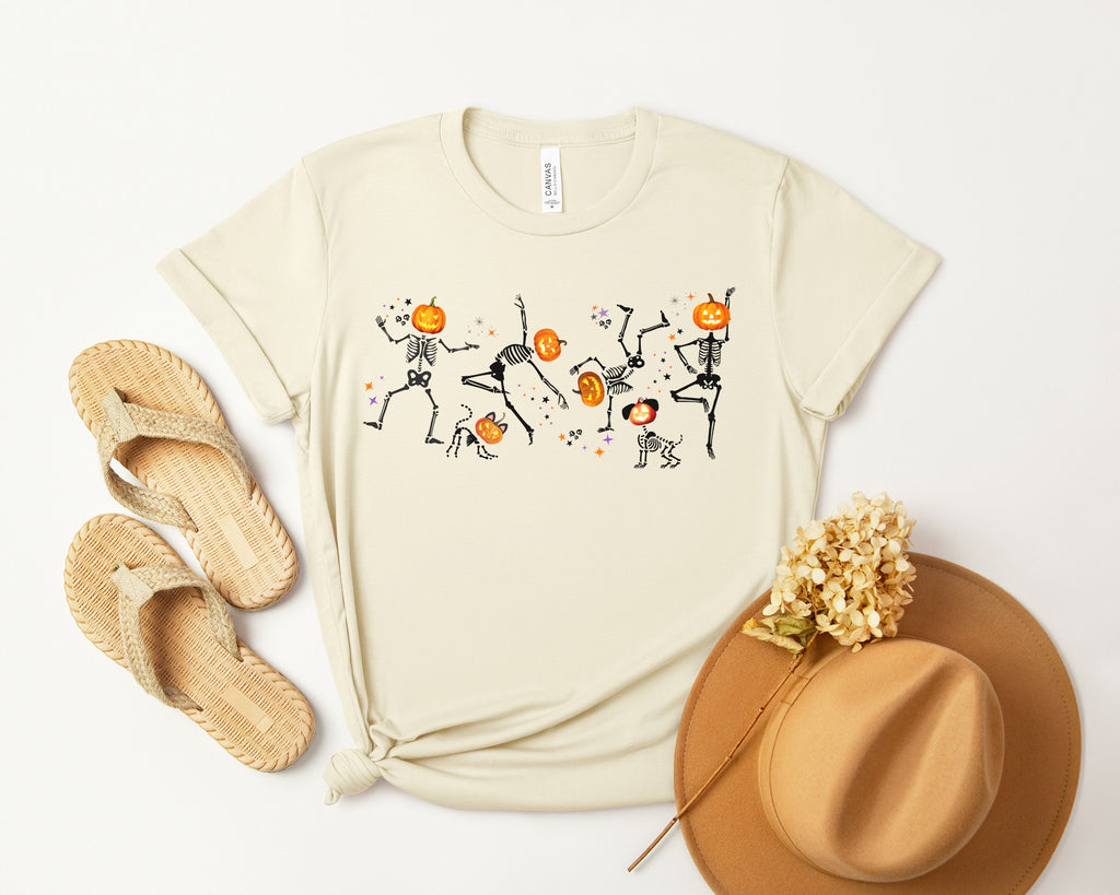Dancing Skeletons with pumpkin heads Tshirt | Halloween Ultra Soft Bella Canva Tees