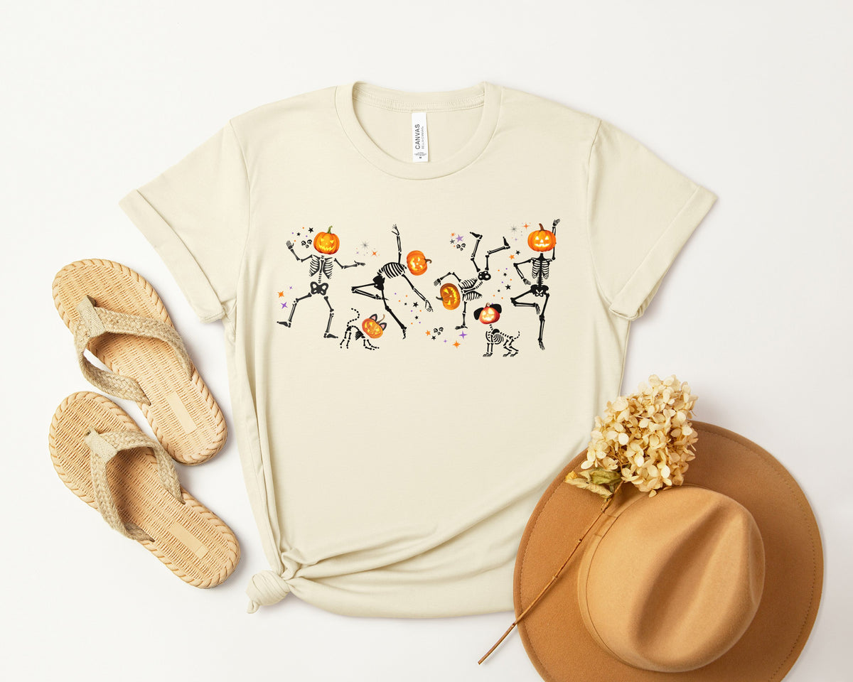 Dancing Skeletons with pumpkin heads Tshirt | Halloween Ultra Soft Bella Canva Tees
