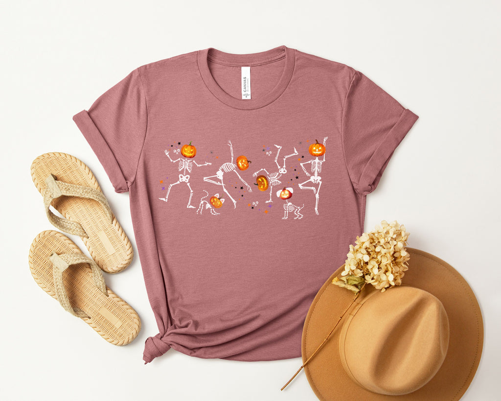 Dancing Skeletons with pumpkin heads Tshirt | Halloween Ultra Soft Bella Canva Tees