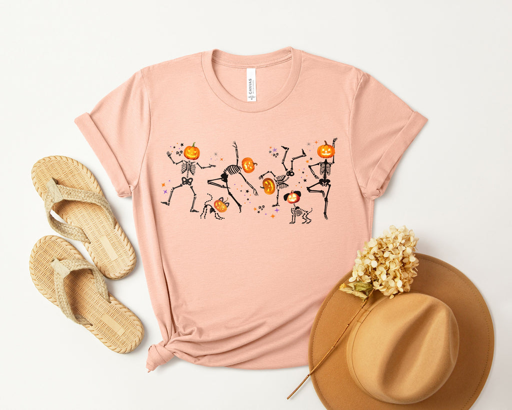 Dancing Skeletons with pumpkin heads Tshirt | Halloween Ultra Soft Bella Canva Tees