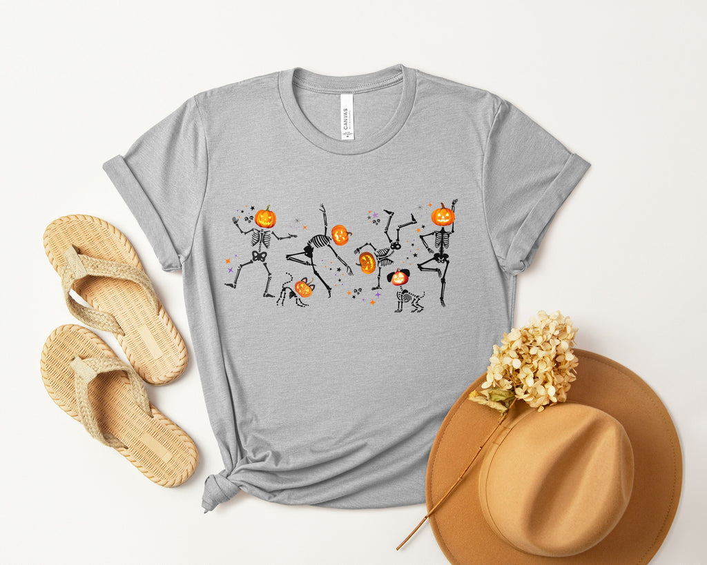 Dancing Skeletons with pumpkin heads Tshirt | Halloween Ultra Soft Bella Canva Tees