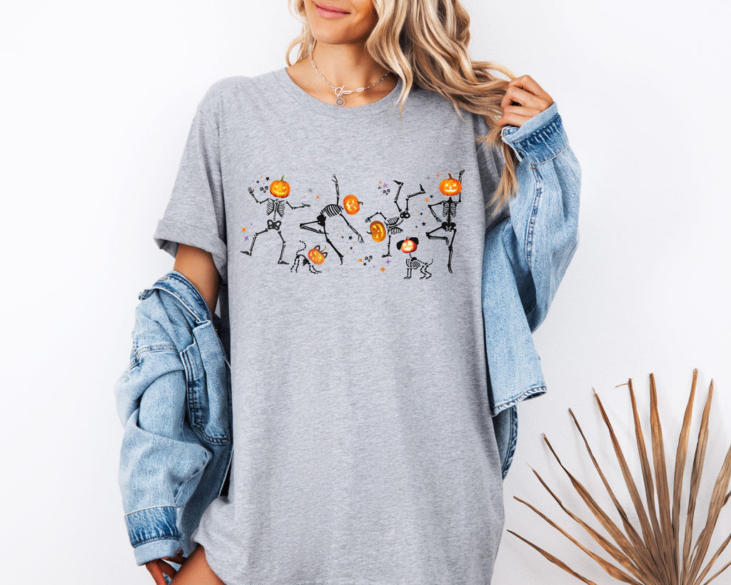 Dancing Skeletons with pumpkin heads Tshirt | Halloween Ultra Soft Bella Canva Tees