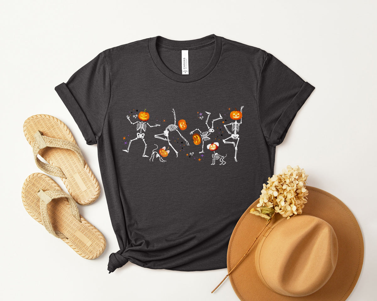 Dancing Skeletons with pumpkin heads Tshirt | Halloween Ultra Soft Bella Canva Tees