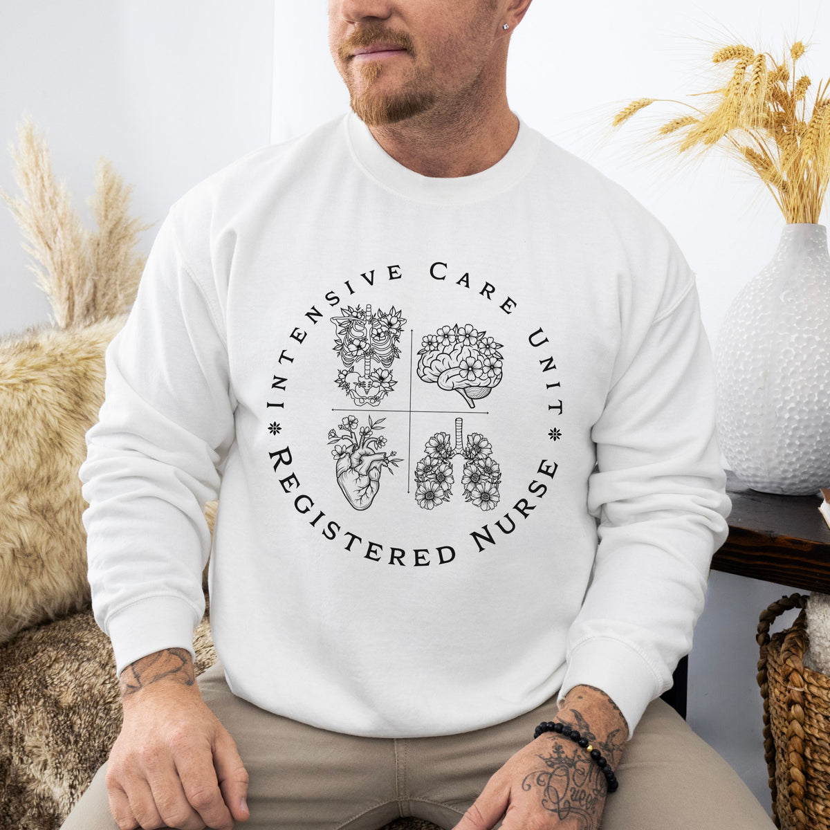 Registered Nurse Crewneck Sweatshirt – Intensive Care Unit Floral Badge