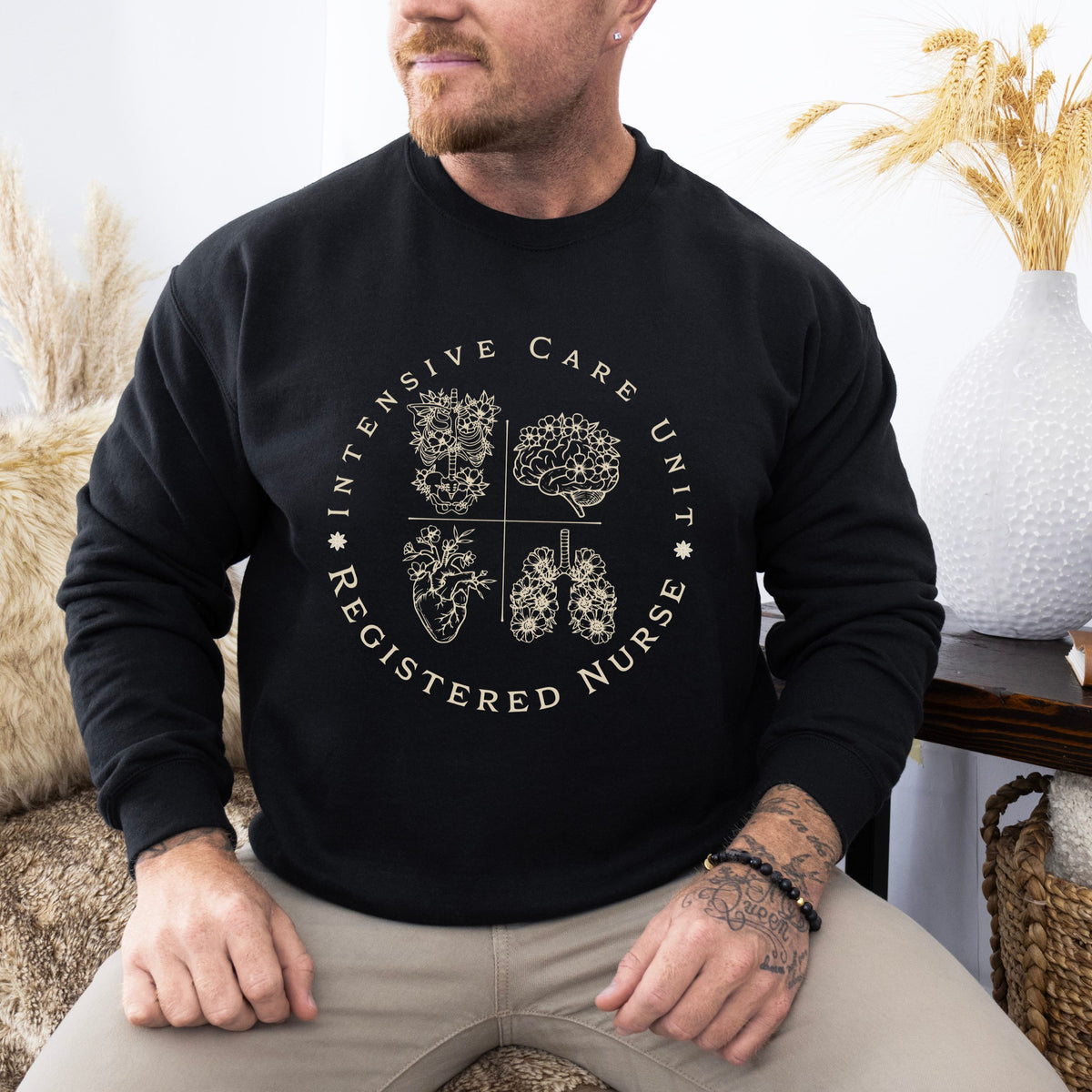 Registered Nurse Crewneck Sweatshirt – Intensive Care Unit Floral Badge