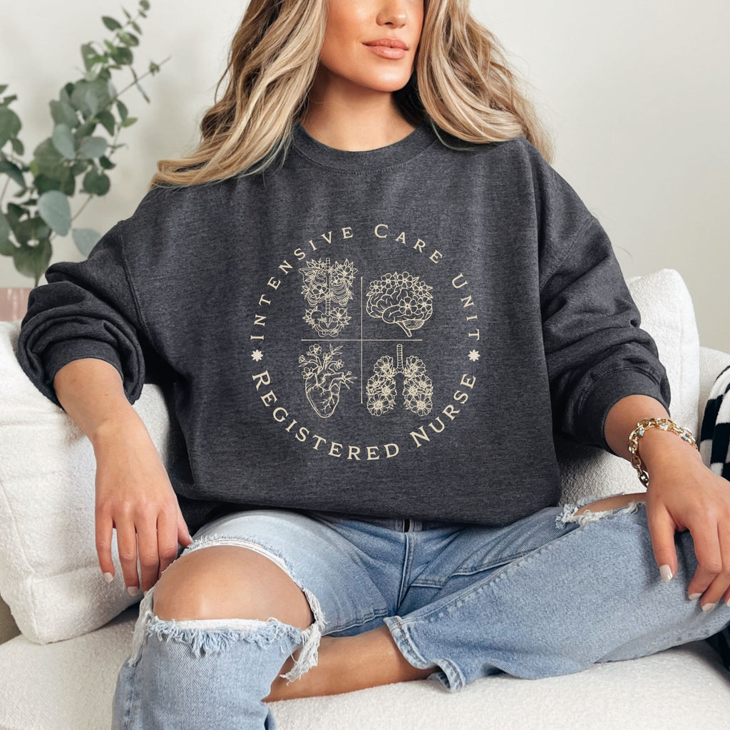 Registered Nurse Crewneck Sweatshirt – Intensive Care Unit Floral Badge