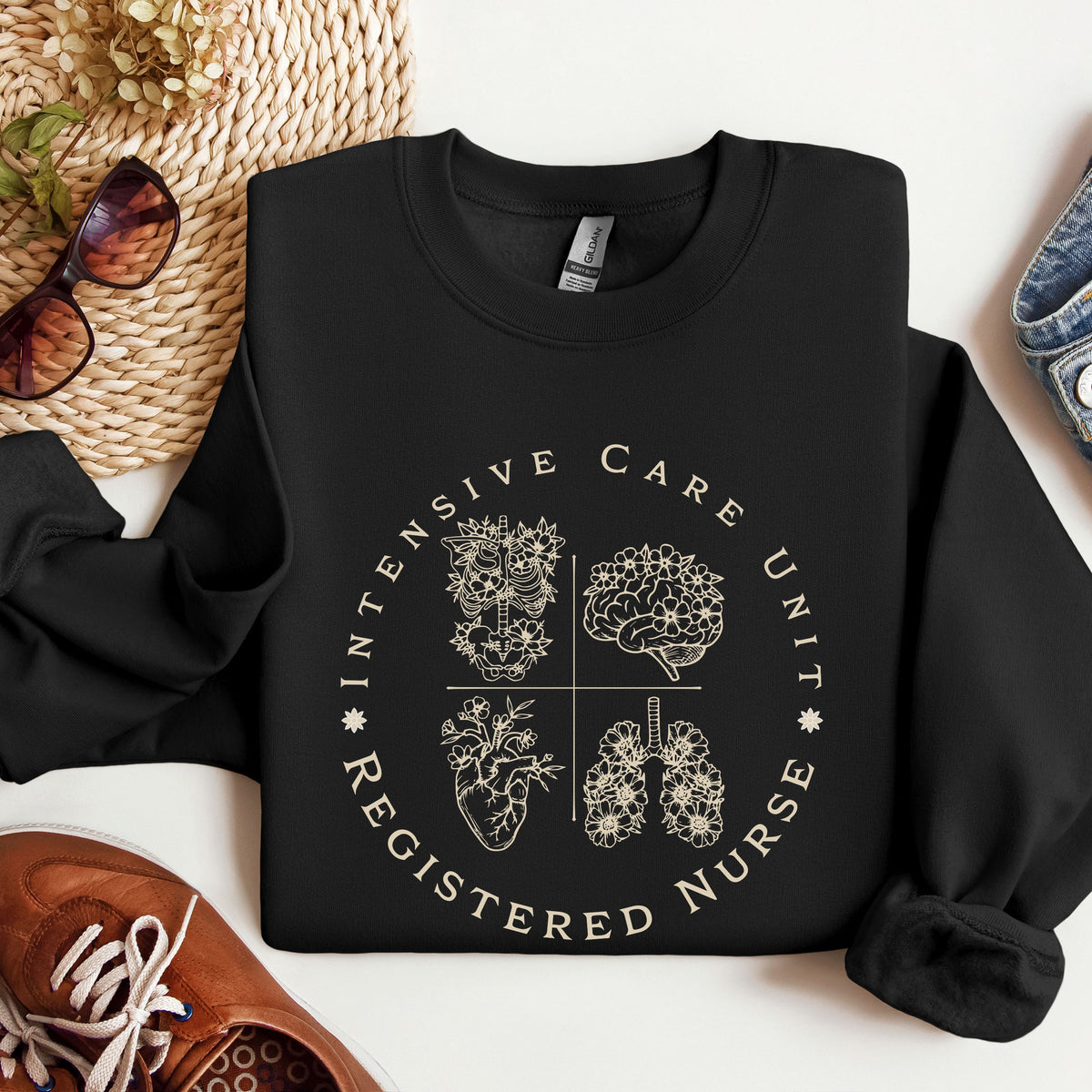 Registered Nurse Crewneck Sweatshirt – Intensive Care Unit Floral Badge