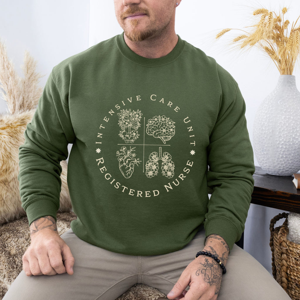 Registered Nurse Crewneck Sweatshirt – Intensive Care Unit Floral Badge