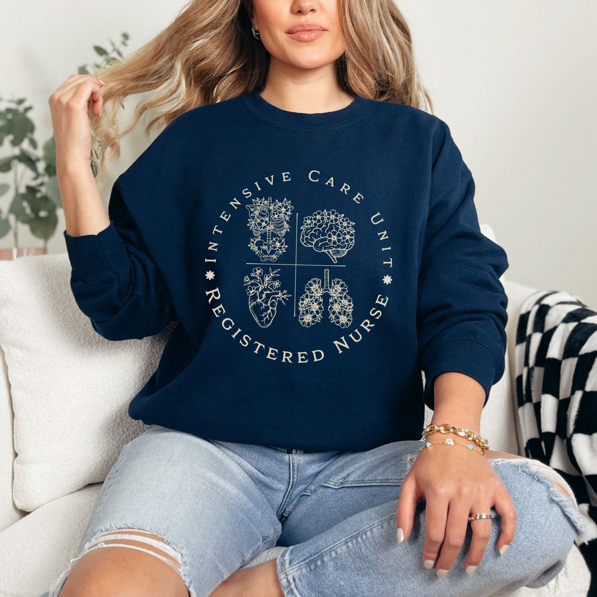 Registered Nurse Crewneck Sweatshirt – Intensive Care Unit Floral Badge