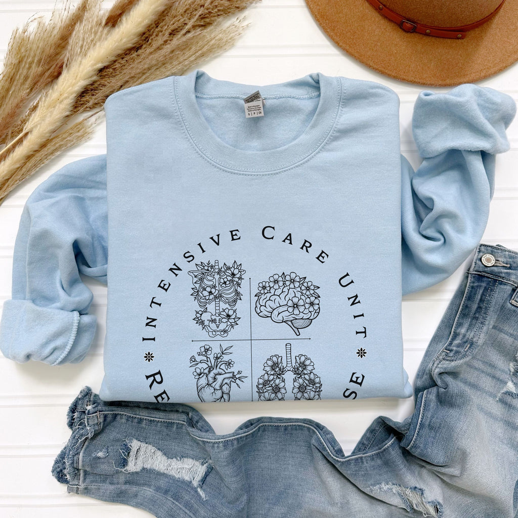 Registered Nurse Crewneck Sweatshirt – Intensive Care Unit Floral Badge