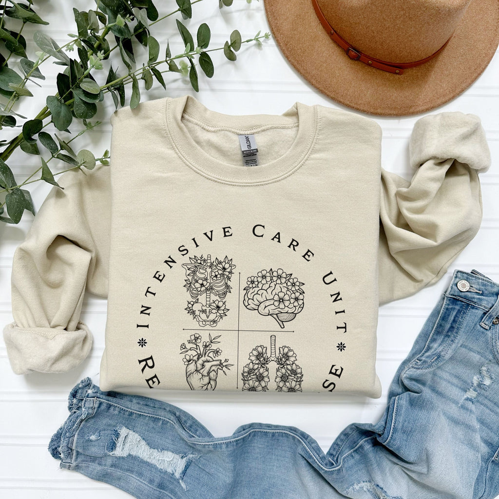 Registered Nurse Crewneck Sweatshirt – Intensive Care Unit Floral Badge