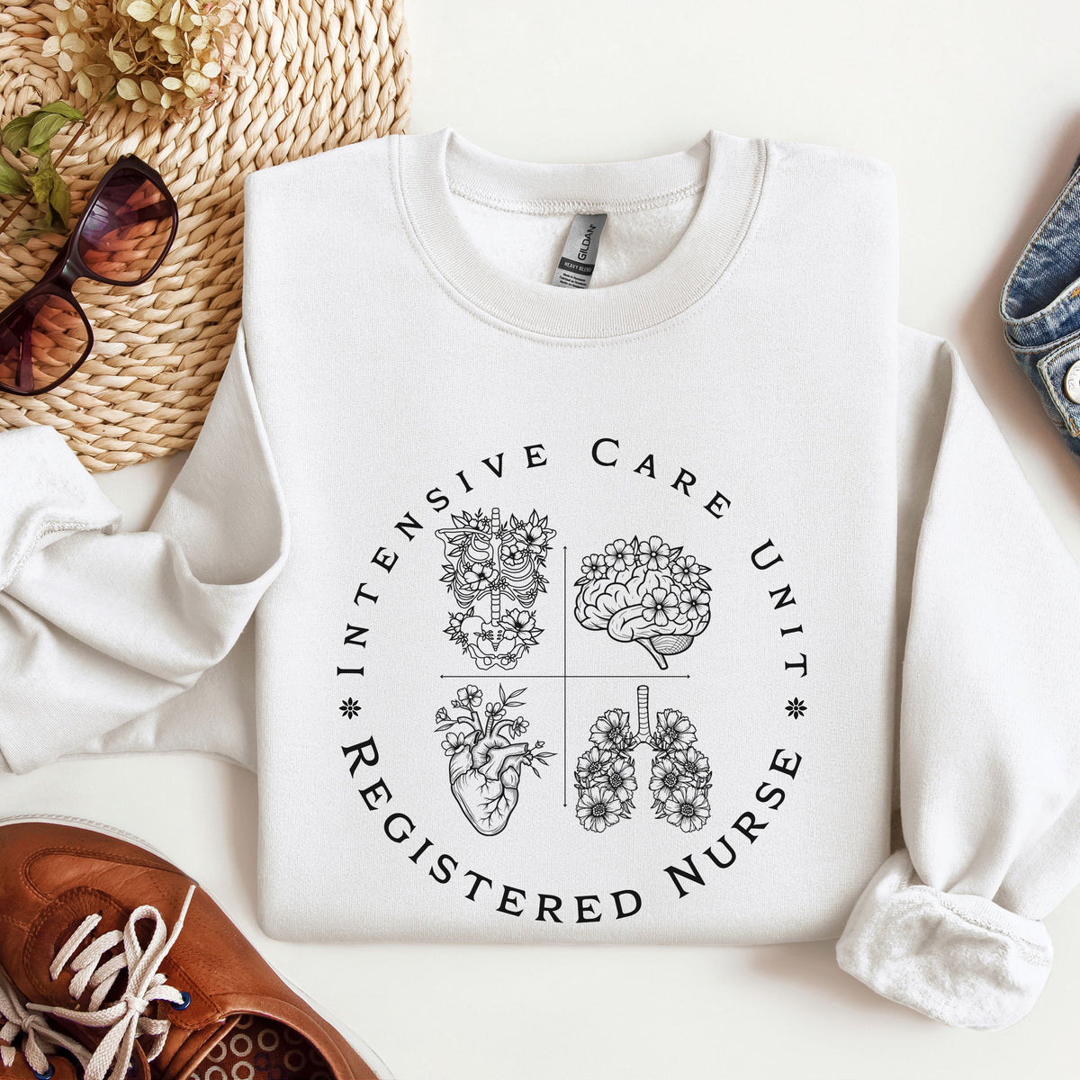 Registered Nurse Crewneck Sweatshirt – Intensive Care Unit Floral Badge