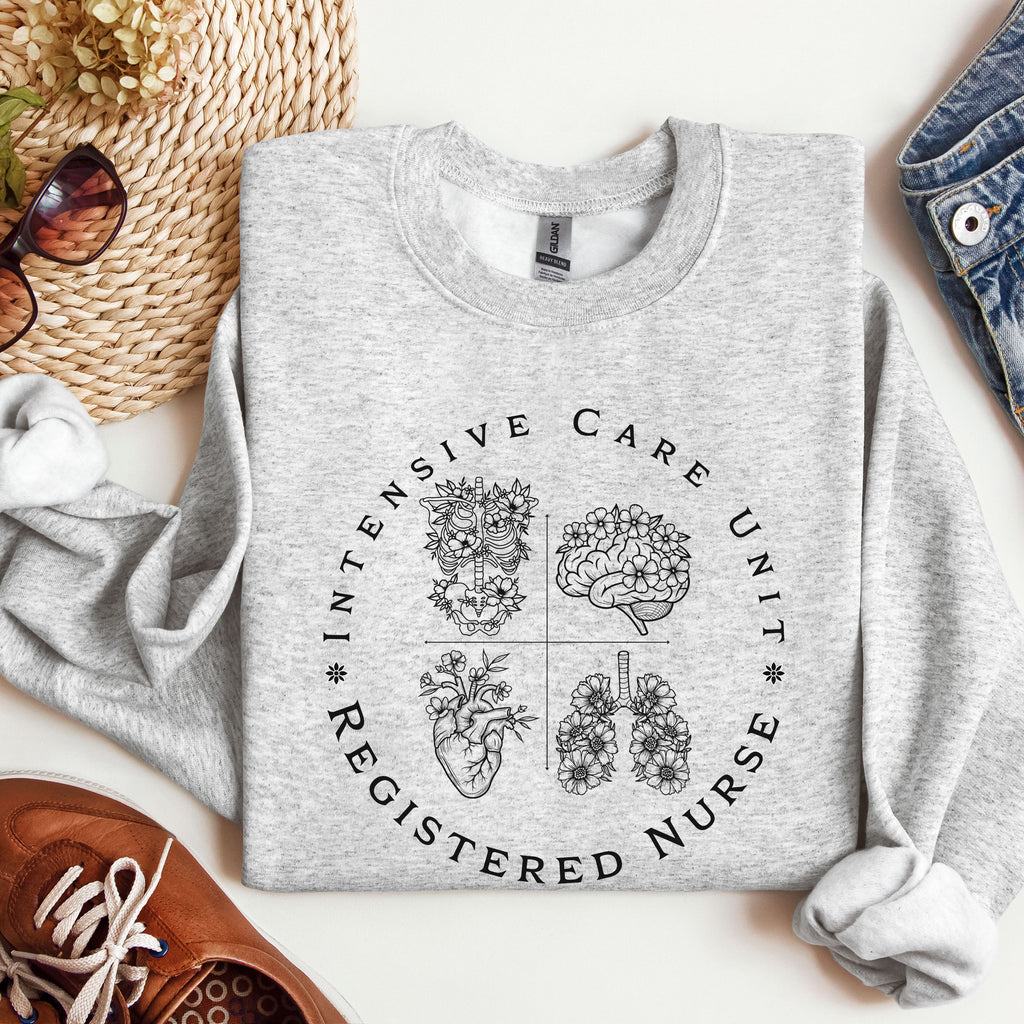 Registered Nurse Crewneck Sweatshirt – Intensive Care Unit Floral Badge