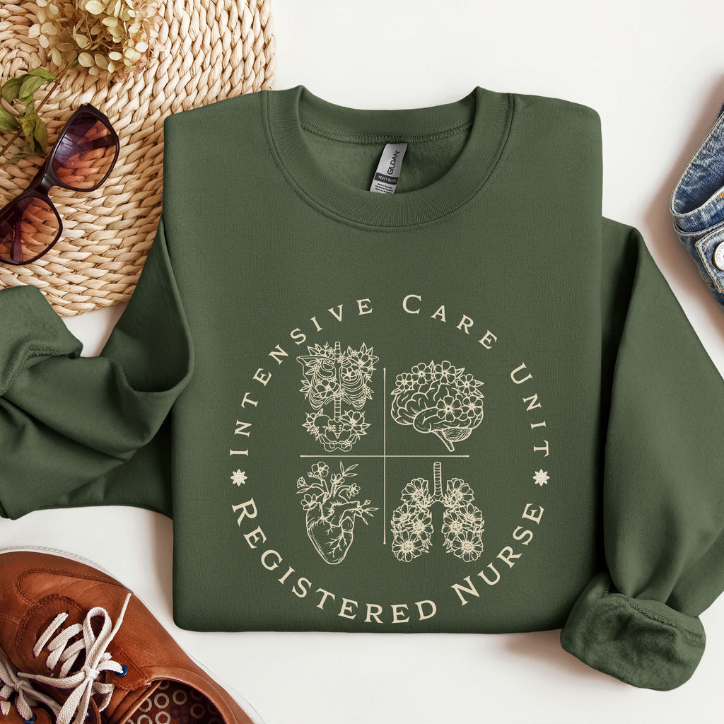 Registered Nurse Crewneck Sweatshirt – Intensive Care Unit Floral Badge