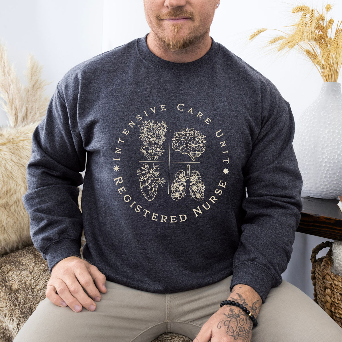 Registered Nurse Crewneck Sweatshirt – Intensive Care Unit Floral Badge