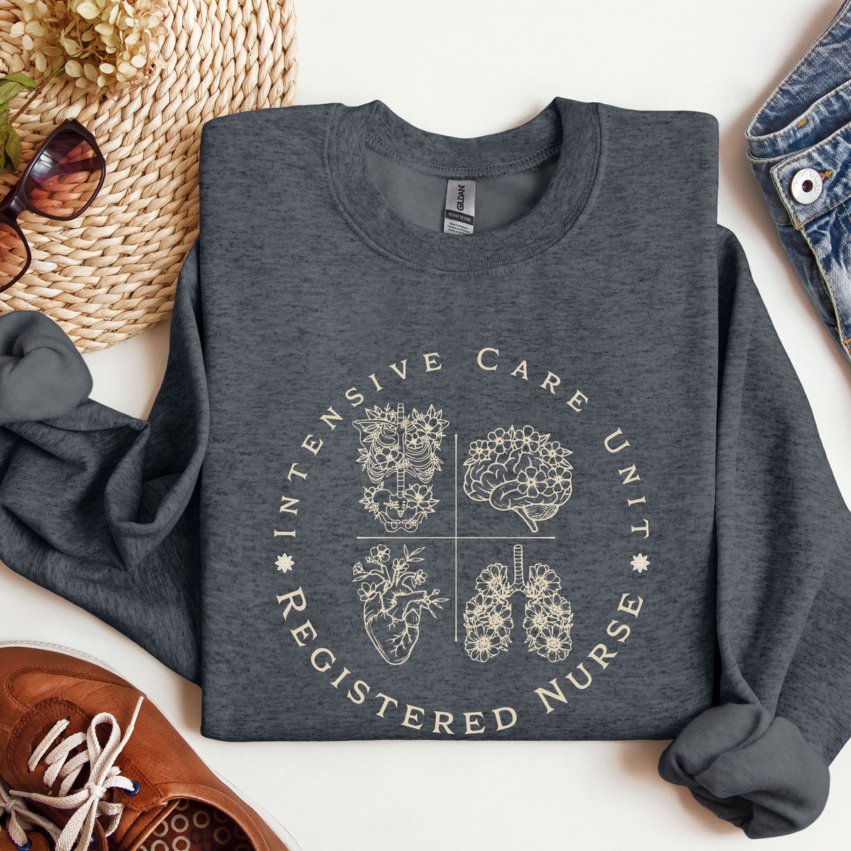 Registered Nurse Crewneck Sweatshirt – Intensive Care Unit Floral Badge