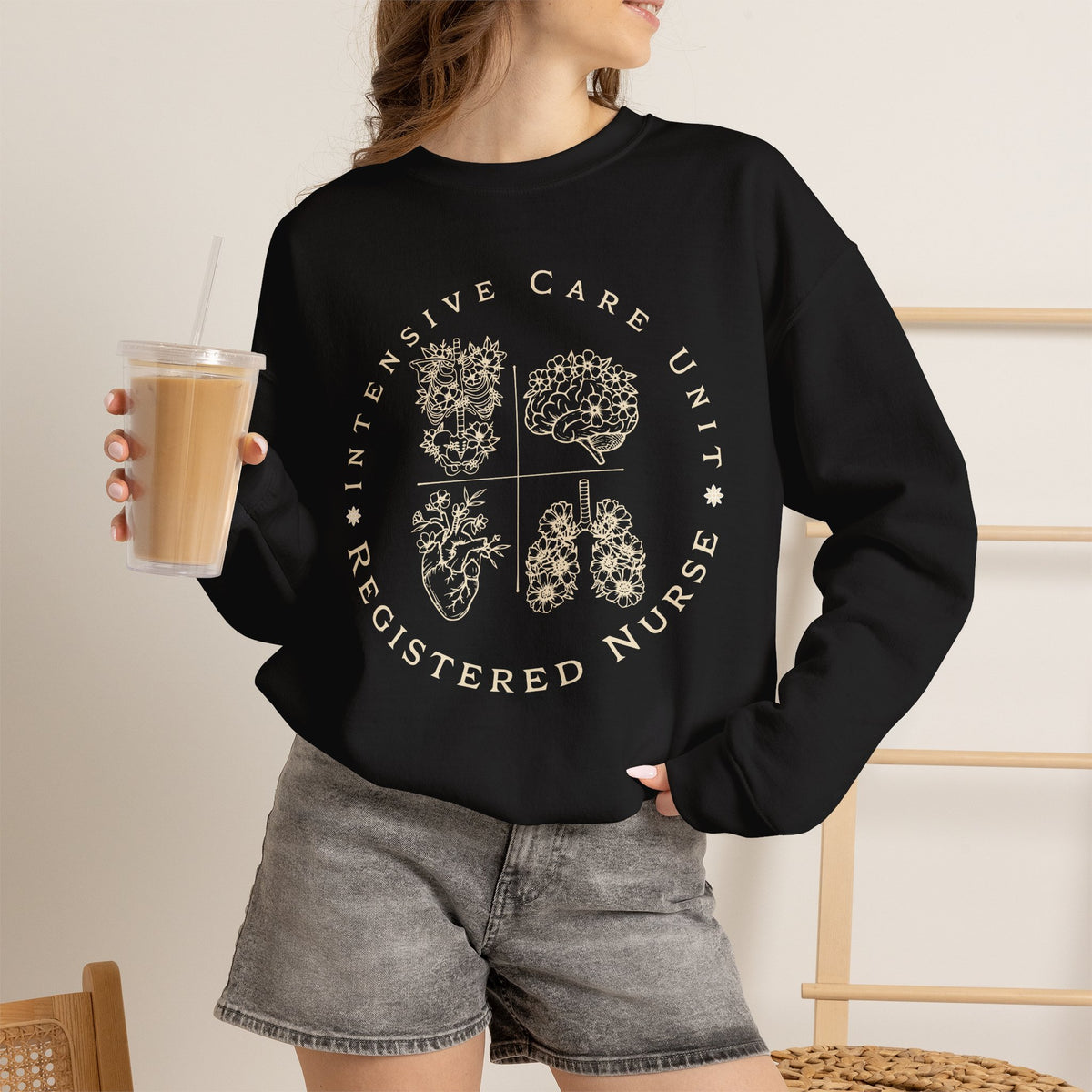 Registered Nurse Crewneck Sweatshirt – Intensive Care Unit Floral Badge