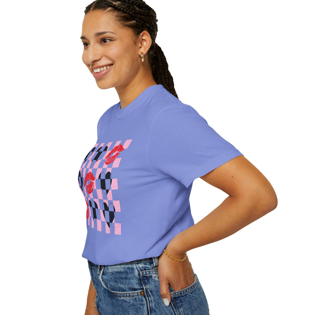 Tic-Tac-Toe Checkerboard Hearts and Valentine Lipstick Kisses T-Shirt