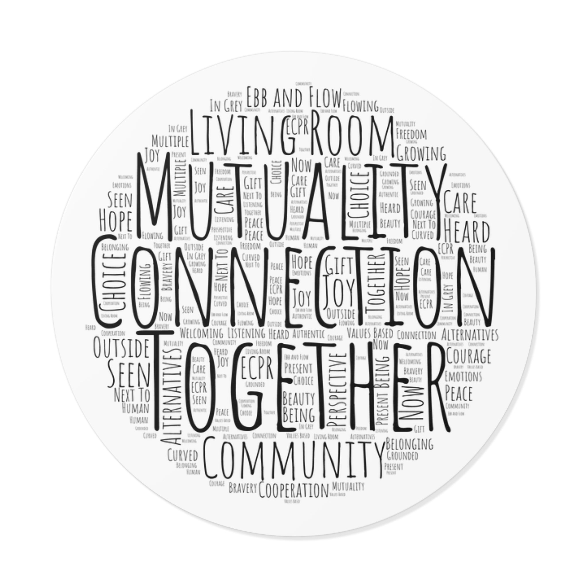 Round Sticker — "Connection Is Prevention" Word-Cloud