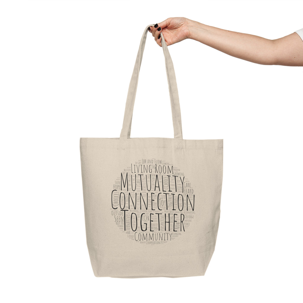 We Play in the Grey Canvas Tote — Neutral Typography Eco Shopping Bag