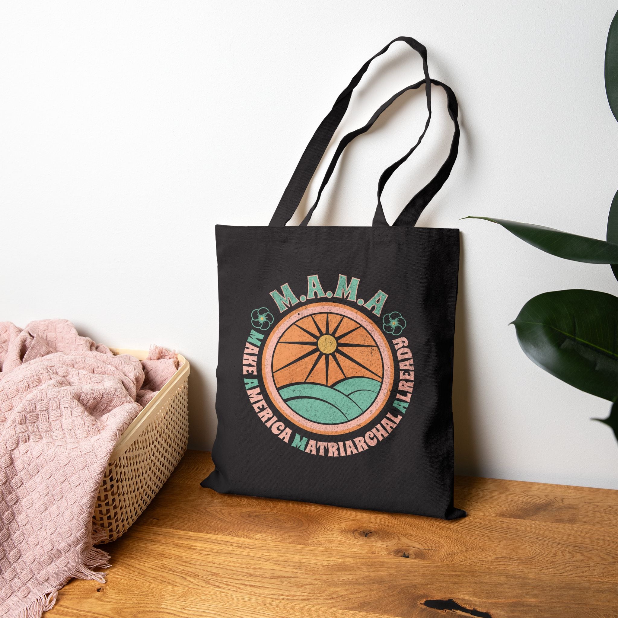 MAMA Retro Sun & Waves Canvas Tote — Vintage Hawaiian 'Make America Matriarchal Already' Beach Bag