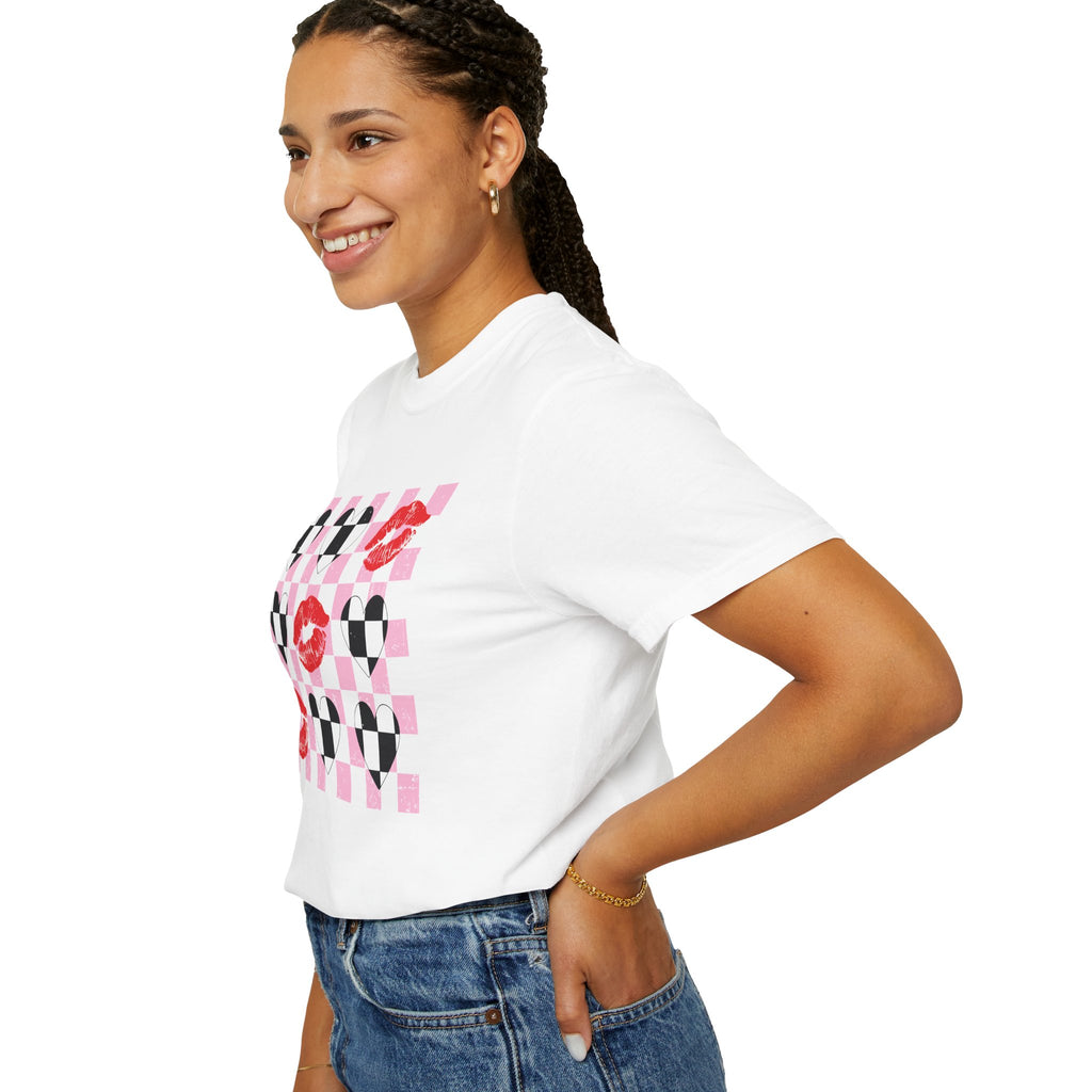 Tic-Tac-Toe Checkerboard Hearts and Valentine Lipstick Kisses T-Shirt