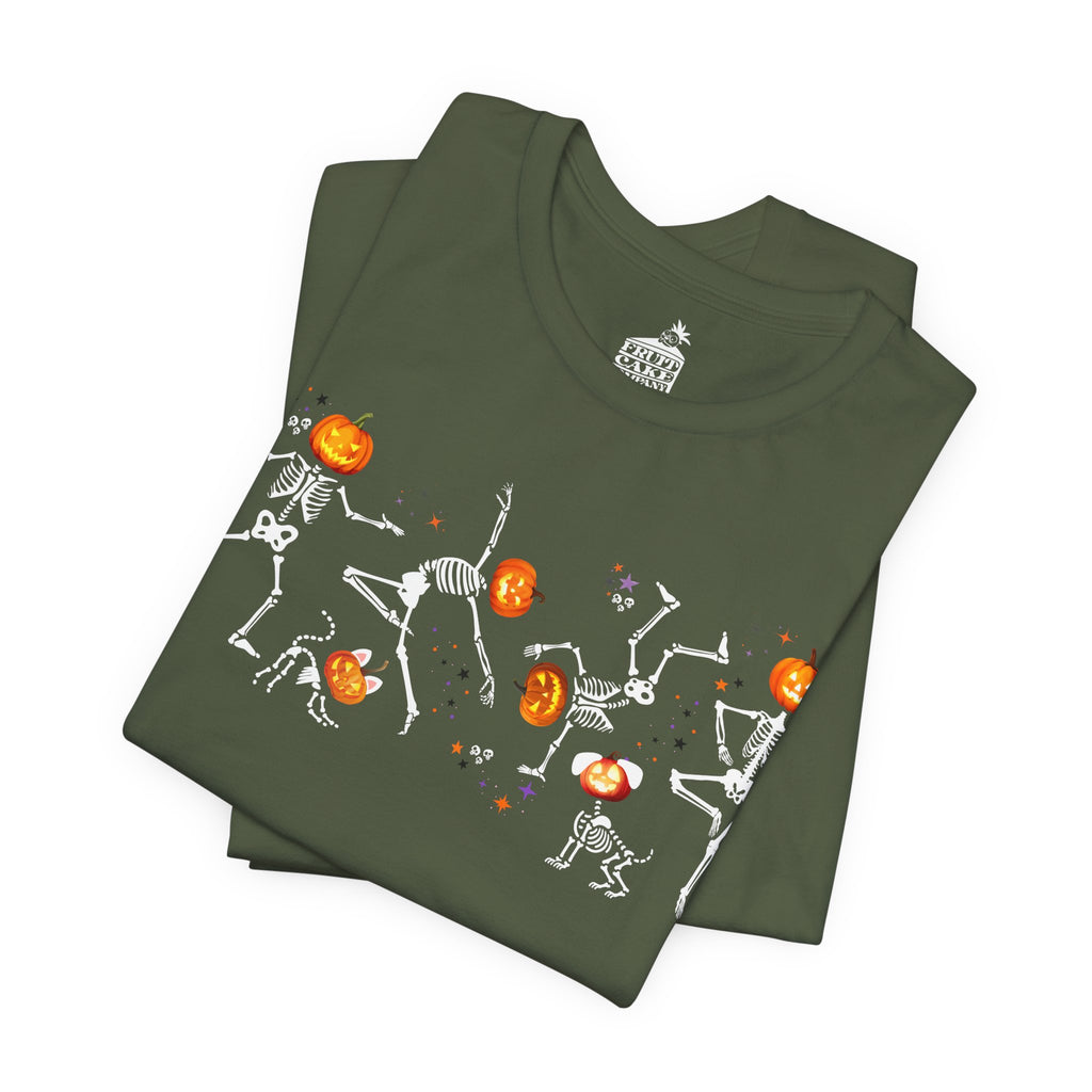 Dancing Skeletons with pumpkin heads Tshirt | Halloween Ultra Soft Bella Canva Tees
