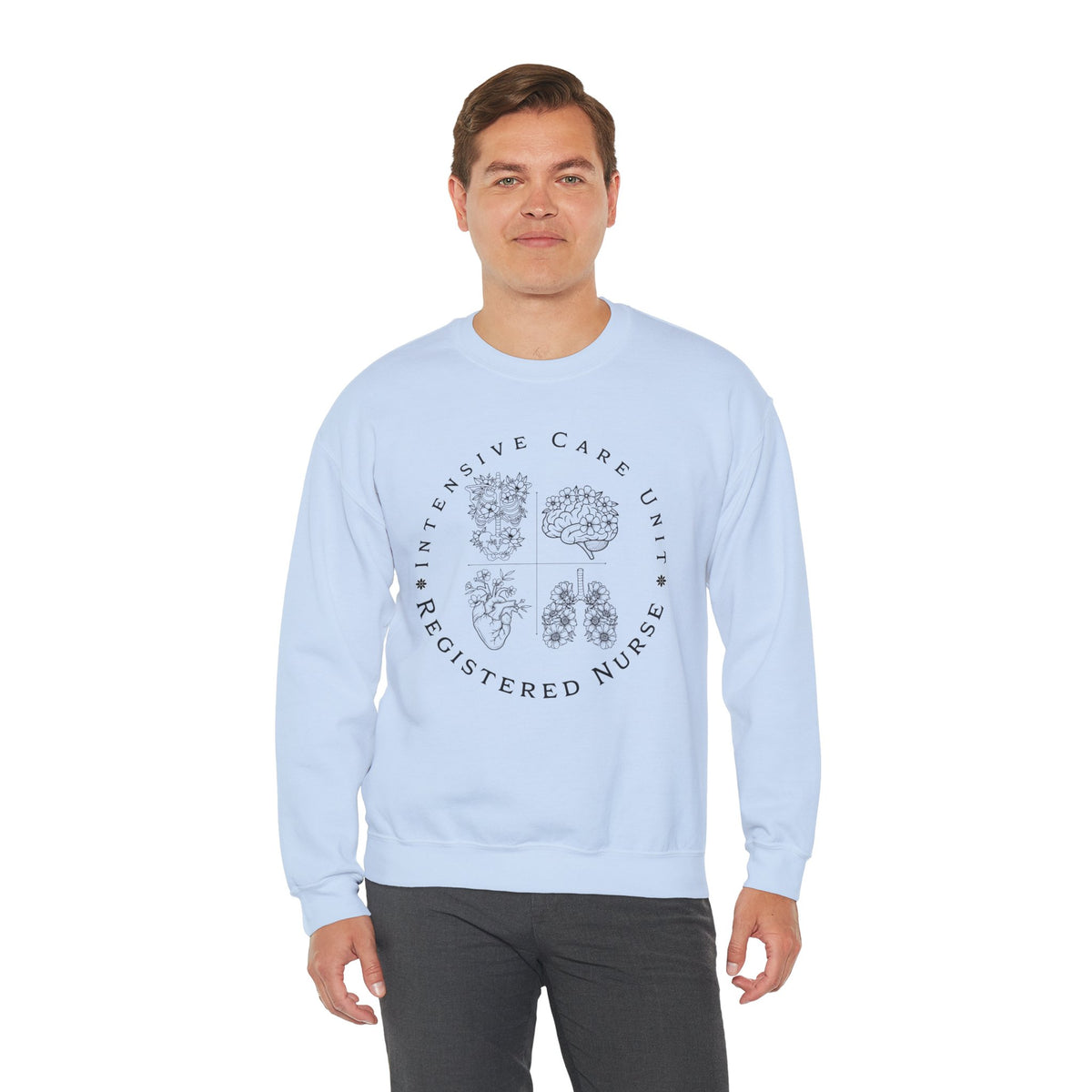 Registered Nurse Crewneck Sweatshirt – Intensive Care Unit Floral Badge